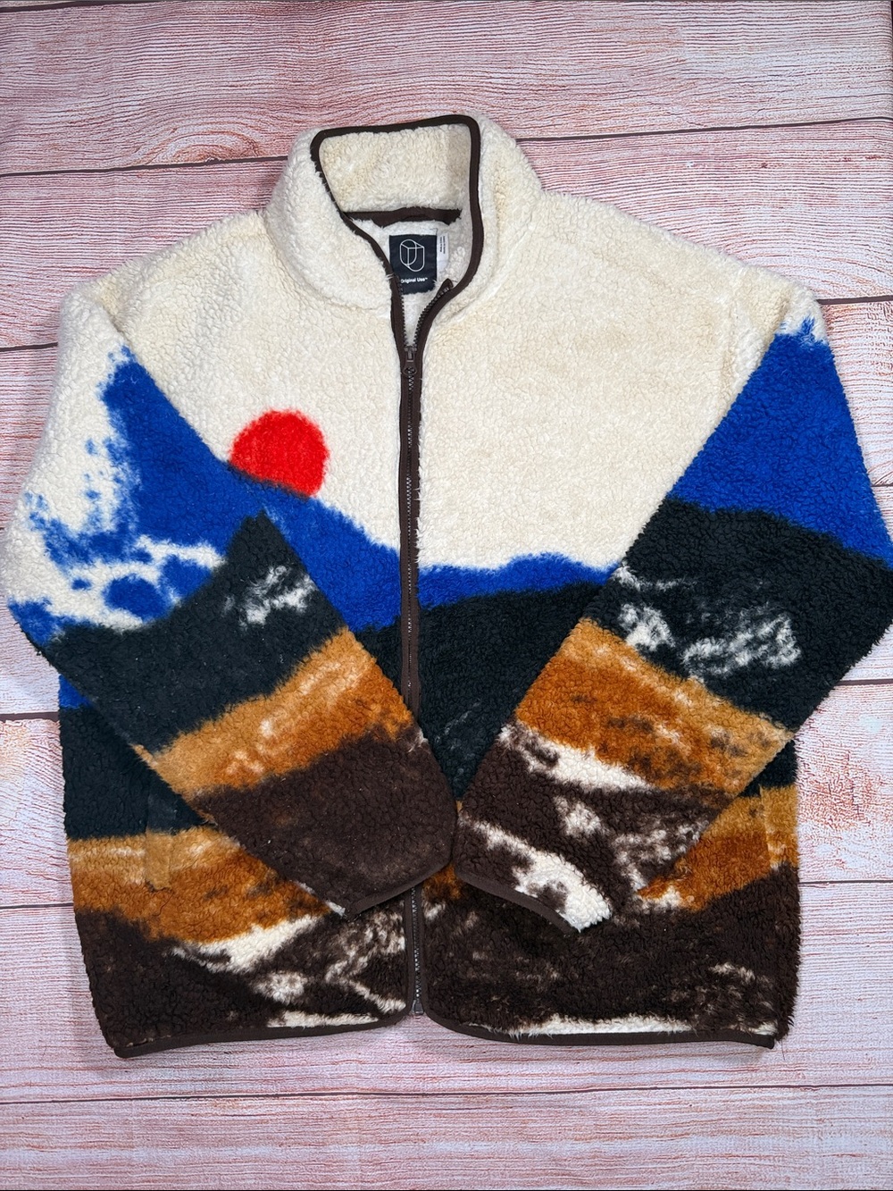 Original Use Men’s Large Mountain Sherpa Fleece Jacket Full Zip Scenic Print
